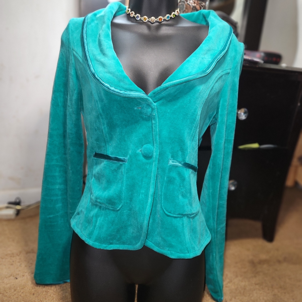 Y2k Teal velvet blazer with blue green velvet trim